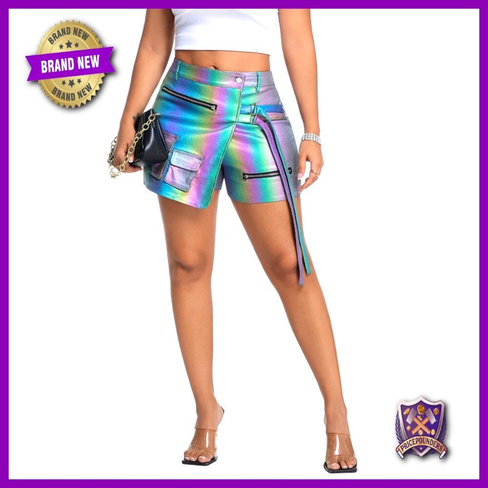 Metallic Faux Leather High Waist Cargo Skort with Built-in Shorts